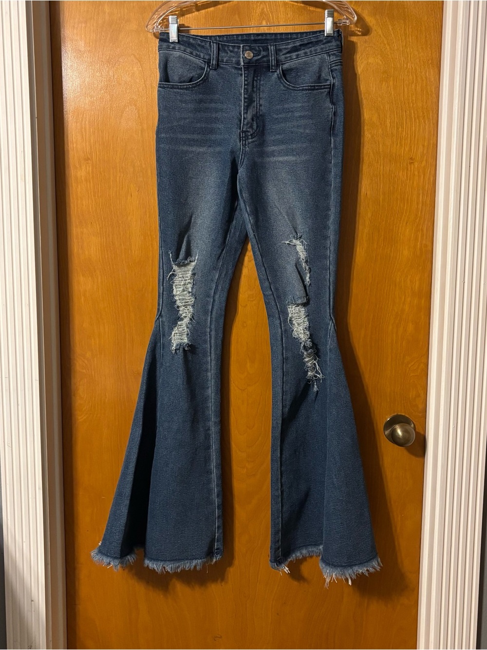 High-Waist Dark Blue Distressed Flare Jeans